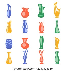Ceramic vases collection. Colored ceramic bowls, antique pottery cups and jorams, abstract different shape jars for flowers and drinks vector illustration