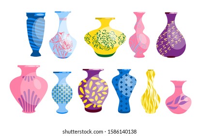 Ceramic vases collection. Colored ceramics vase objects, antique pottery cups. Multi-colored ceramic flower vases. Floral and abstract patterns on vases isolated on white vector illustration