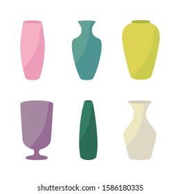 Ceramic vases collection. Colored ceramics vase, antique pottery cups isolated on white vector illustration.