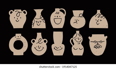 Ceramic Vases with comic Faces. Various Emotions. Different characters. Antique, ancient ceramics. Pottery concept. Cartoon style. Hand drawn Vector set. Trendy illustration. All elements are isolated