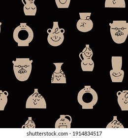 Ceramic Vases with comic Faces. Various Emotions. Different characters. Antique, ancient ceramics. Pottery concept. Cartoon style. Hand drawn Vector seamless Pattern. Background, wallpaper