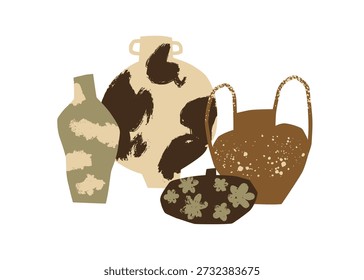 Composição de vasos cerâmicos. Cerâmica artesanal artesanal. Artesanato de cerâmica feito à mão. Formas imperfeitas, grés pintado texturizado, padrões ásperos. Ilustração de vetor plano isolada em fundo branco.