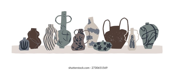 Ceramic vases displayed in row. Modern pottery, handmade rough earthenware, handcrafted crockery, textured grunge patterns on shelf. Flat vector illustration isolated on white background