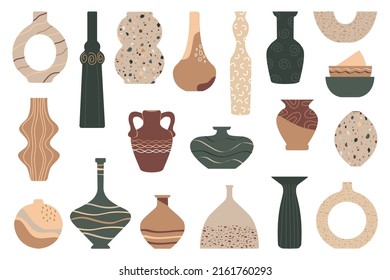 Cerámica, jarrones, tazones de barro cocido. Un conjunto de jarras y jarrones de cerámica. Colección de elementos decorativos de jarrones para el interior. Conjunto de vector plano