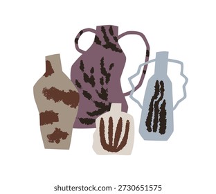 Jarrones de cerámica, loza en estilo de moda. Cerámica hecha a mano, vajilla. Artesanía hecha a mano con Formas irregulares, patrones ásperos, formas naturales vanguardistas. Ilustración vectorial plana aislada sobre fondo blanco