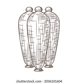 Vasijas de cerámica con un estilo grabado aislado en el fondo blanco. El contorno de esbozo de vintage se cierra. Diseño de ilustración de vector