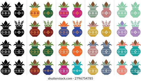 Ceramic Vases Flat Vector Set with Floral Pattern and Botanical Sprig Motifs, Pastel Colors and Copy Space Background