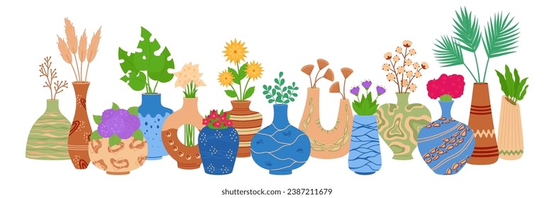 Ceramic vases with flowers. Bouquets in decorative ceramics. Interior pottery. Modern flowerpot shapes. Porcelain jug. Clay amphora. Palm leaves and blossoms. Recent