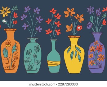 Ceramic vases with flowers. Colorful vector illustration.