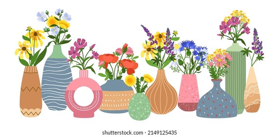 Ceramic vases with flowers. Interior floral pottery with gardens bouquets, different contemporary shapes, handmade porcelain bottles with plants, modern cozy decor, vector horizontal concept