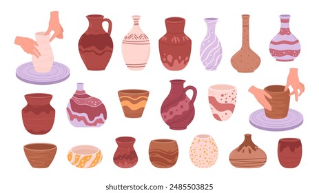 Ceramic vases. Modern pottery, ceramic jugs, pots and vases, vase pottery for home decoration flat vector illustration set. Cartoon minimalistic pottery vases