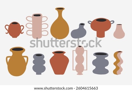 Ceramic vases and pots on isolated background. Hand drawn vector illustration with various moulded clay jugs for design, decor, sculpting studios. Set for paper, flyer, poster, card. Hobby and crocker