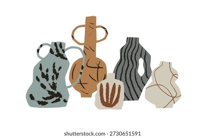 Jarrones de cerámica. Cerámica, loza artesanal. Moderna vajilla artesanal. Arte de gres de forma irregular imperfecto con patrón texturizado, forma orgánica. Ilustración vectorial plana aislada sobre fondo blanco