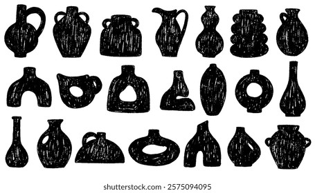 Ceramic vases pottery shapes drawn with crayon. Porcelain hand-draw textured trendy artistic clay pots, vases, jugs, jars. Pencil or charcoal drawings shape collection vector elements.  