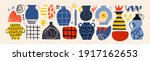 Ceramic Vases and random Abstract doodle objects. Abstraction, Pottery concept. Various textures. Hand drawn Vector set. Trendy colorful illustration. All elements are isolated