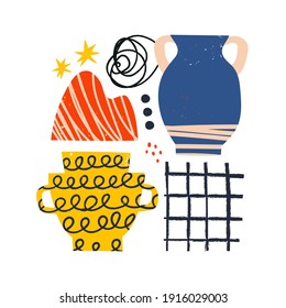 Ceramic Vases and random Abstract doodle objects. Abstraction, Pottery concept. Various textures. Hand drawn Vector illustration. Colorful Template. Pre-made Poster or Print. Contemporary Art