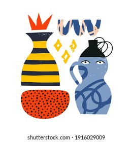 Ceramic Vases and random Abstract doodle objects. Abstraction, Pottery concept. Various textures. Hand drawn Vector illustration. Colorful Template. Pre-made Poster or Print. Contemporary Art