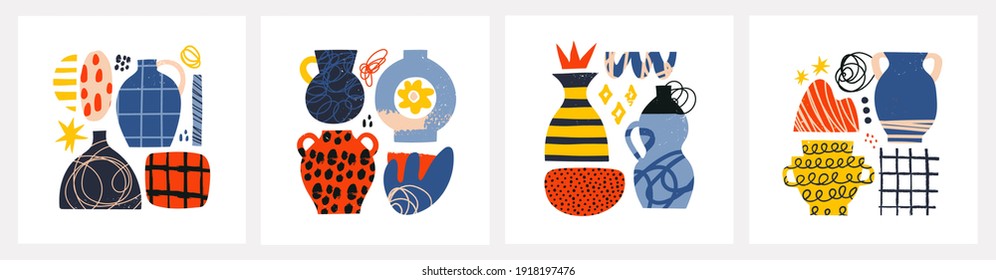 Ceramic Vases and random Abstract doodle objects. Abstraction, Pottery concept. Various textures. Hand drawn Vector illustration. Colorful Template. Set of Pre-made Posters or Prints. Contemporary Art