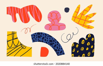 Ceramic Vases and random Abstract doodle objects. Abstraction, Pottery concept. Various textures. Hand drawn Vector set. Trendy colorful illustration. All elements are isolated
