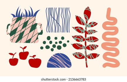 Ceramic Vases and random Abstract doodle objects. Abstraction, Pottery concept. Various textures. Hand drawn Vector set. Trendy colorful illustration. All elements are isolated