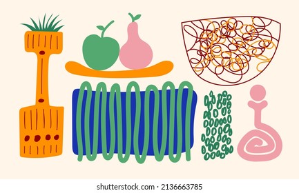 Ceramic Vases and random Abstract doodle objects. Abstraction, Pottery concept. Various textures. Hand drawn Vector set. Trendy colorful illustration. All elements are isolated