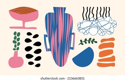 Ceramic Vases and random Abstract doodle objects. Abstraction, Pottery concept. Various textures. Hand drawn Vector set. Trendy colorful illustration. All elements are isolated