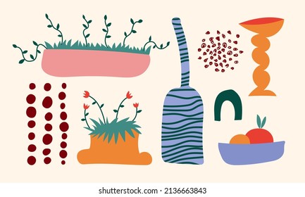 Ceramic Vases and random Abstract doodle objects. Abstraction, Pottery concept. Various textures. Hand drawn Vector set. Trendy colorful illustration. All elements are isolated