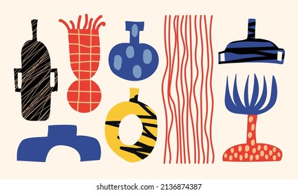 Ceramic Vases and random Abstract doodle objects. Abstraction, Pottery concept. Various textures. Hand drawn Vector set. Trendy colorful illustration. All elements are isolated