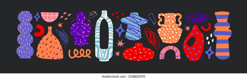 Ceramic Vases and random Abstract doodle objects. Set of ceramics for home decoration. Various textures. Hand drawn Vector set. Trendy colorful illustration.