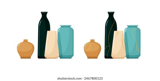 Jarrones de cerámica reparados con laca de oro. Bodegón de cerámica, vasos de vidrio modernos y jarras de barro kintsugi. Cerámica rota vieja y jarrones con grietas de oro, ilustración plana de dibujos animados de Vector