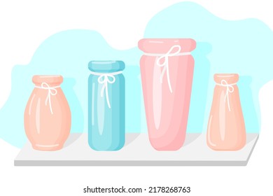 Envases de cerámica con decoraciones de cuerda en el estante. Ilustración aislada en fondo blanco. Ilustración vectorial.