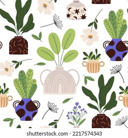 Ceramic vases seamless pattern. Scandinavian vase and pots with green branches and leaves. Floral bouquets in pottery jug, racy vector background