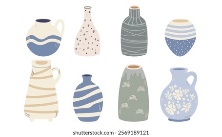 Ceramic vases set. Ceramic, vases, earthenware bowls. A set of ceramic jugs and vases.  Flat vector set