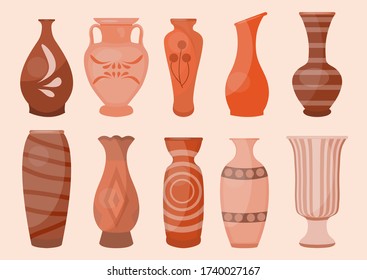 Ceramic Vases set, modern flat style. Antique Pottery classic pot and bowl. Handmade decorated ceramic vase and jar. Vector illustration