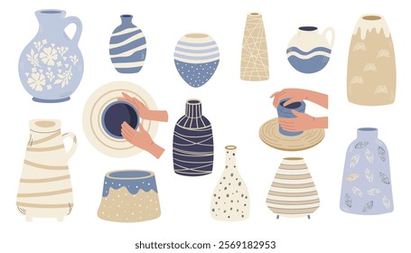 Ceramic vases set. Various ceramic Vases. Different shapes. Hand drawn vector illustration in flat style