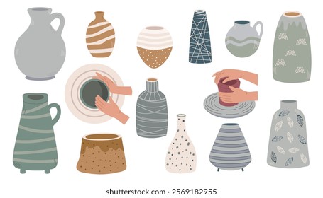 Ceramic vases set. Various ceramic Vases. Different shapes. Hand drawn vector illustration in flat style