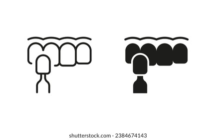 Ceramic Veneers Installation Procedure for Teeth Silhouette and Line Icons Set. Dental Veneer, Human Tooth Care Pictogram. Dental Treatment Black Symbol Collection. Isolated Vector Illustration.