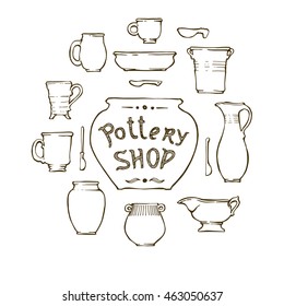 Ceramic ware, cups, jars, spoons, plates. Pottery shop - the inscription on the pot. Vector illustration, isolated.