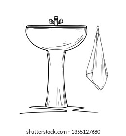 Ceramic washbasin on a white background. Cartoon sink with faucet. Vector