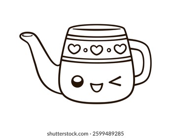 Ceramic watering can pot cute kawaii cartoon outline line art illustration. Gardening farming agriculture coloring book page activity worksheet for kids