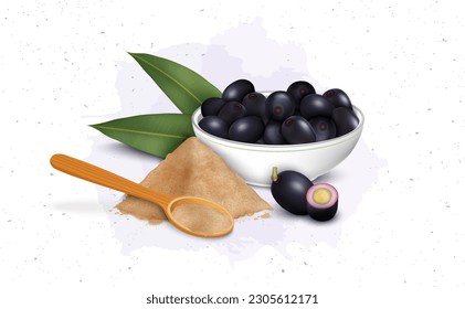 A Ceramic white bowl with Jamun Fruit (Jambolan Plum, Jambhul) and Powder vector illustration 