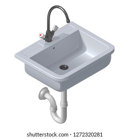 Ceramic white sink for the kitchen. Vector isometric illustration on a white background.