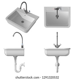 Ceramic white sink for the kitchen. Vector illustration, side view, front view, top view and general view, on a white background.