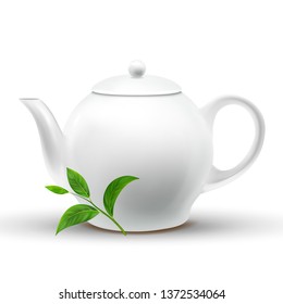Ceramic White Teapot With Vector Green Tea Leaf. Teapot Mockup Isolated Design Element. Eco, Organic Black Ceylon Tea Plant Clipart. Herb, Twig. Porcelain Kettle 3D Realistic Illustration