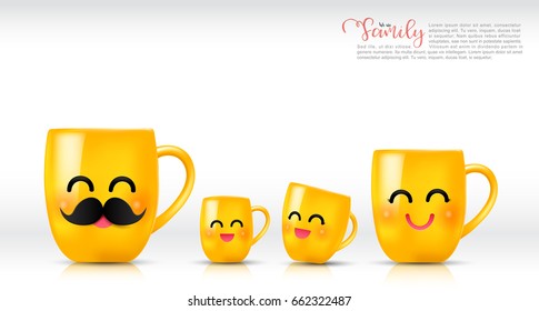 Ceramic yellow mug cartoon happy and smile father mother son and daughter a cup family on white background vector illustration eps10