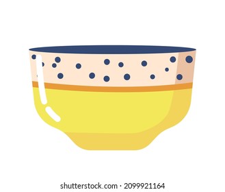 Ceramics Bowl, Pottery, Clay Crockery, Home Decoration Object Isolated on White Background. Modern Pot or Flower Vase of Yellow Color and Polka Dots Pattern on Border. Cartoon Vector Illustration
