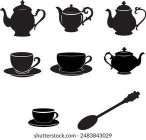 ceramics, coffee, cozy, element, icon, illustration, vector , silhouette, cup set, cups, tea pot