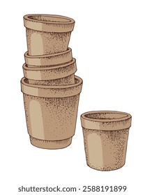 Ceramics flower pots in stack hand drawn vector illustration