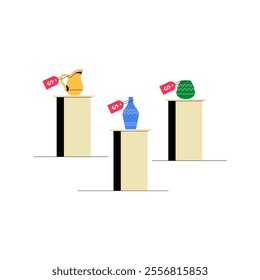 Ceramics On Display With Price Tags In Flat Vector Illustration Symbolizing Art Exhibition, Craftsmanship, And Discounts, Isolated On White Background