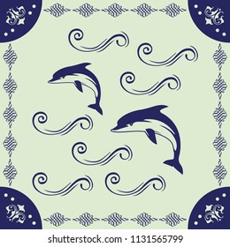 ceramics pattern with dolphins and waves illustration
